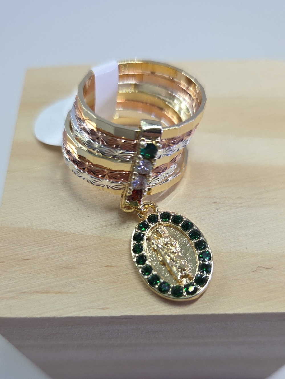 Gold-Tone Multi-Color Charm Ring with Green Crystal Medallion,  San Judas Tadeo